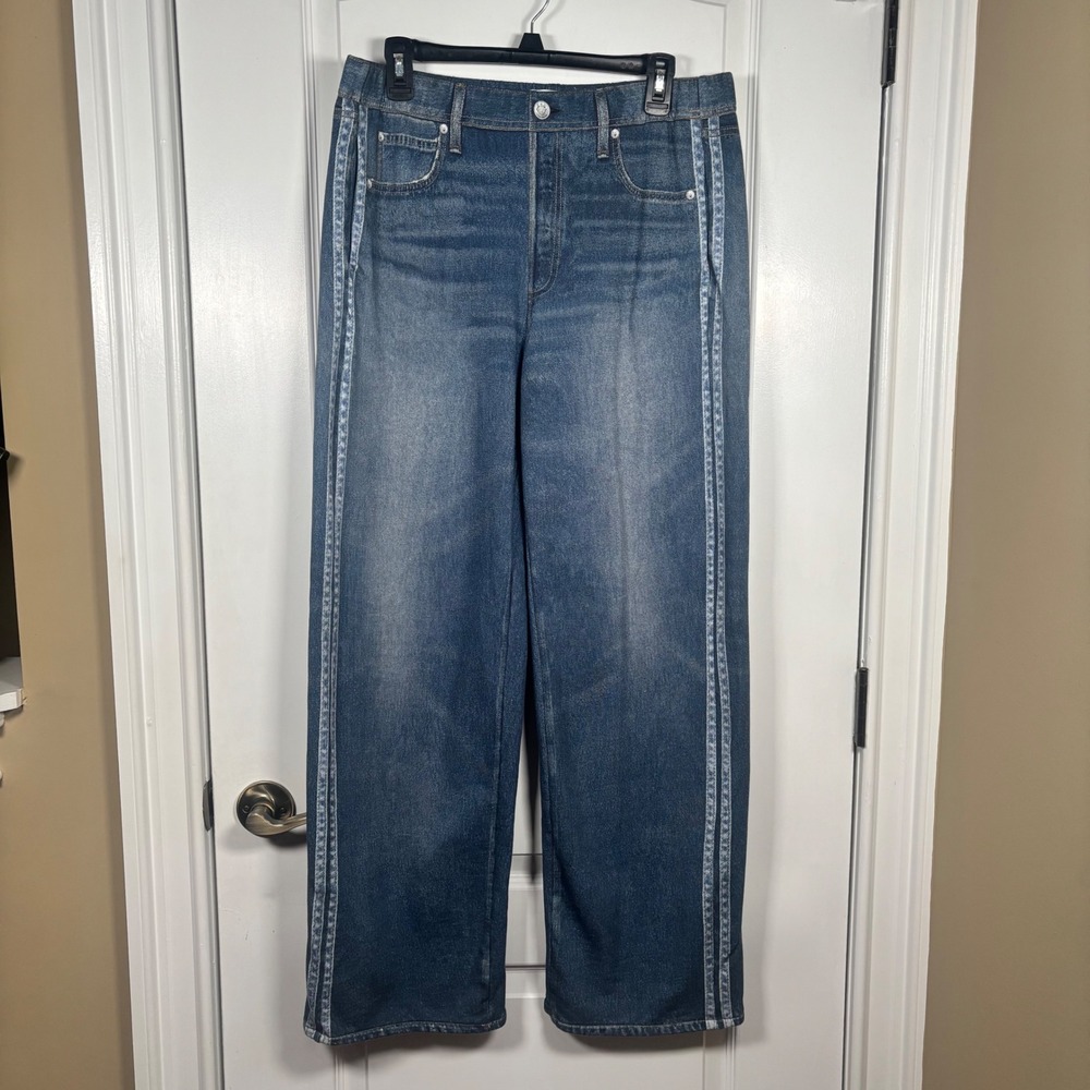 rag & bone Miramar Sport Stripe Track Pant Blue Denim Print Wide Leg Large